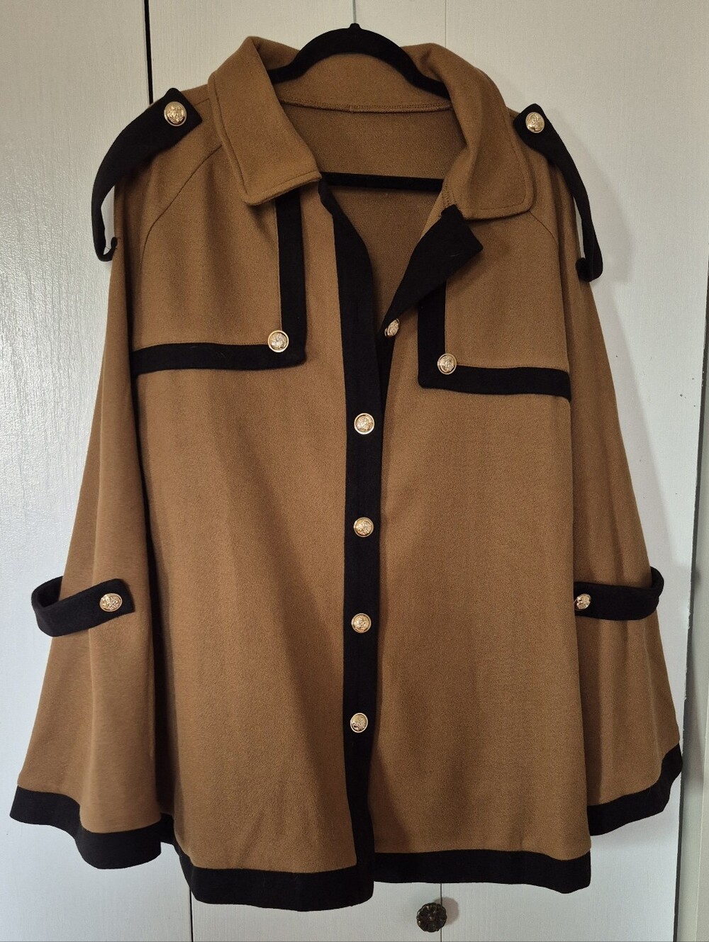 Camel and Black Button-Front Cape Jacket